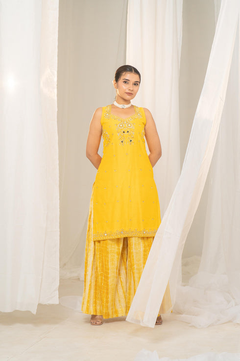 Kzari Vibrant Khatta-Nimbu Raw Silk Kurta with Embroidered Neck and Crushed Palazzo